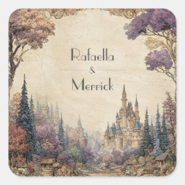 Whimsical Forest Castle Hochzeit Quadratischer Aufkleber