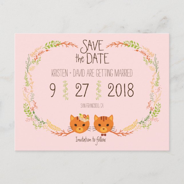 Whimsical Forest Cats Blush Wedding Save the Date Ankündigungspostkarte (Vorderseite)
