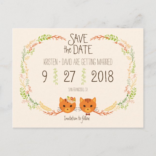 Whimsical Forest Cats Cream Wedding Save the Date Ankündigungspostkarte (Vorderseite)