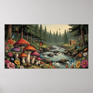 Whimsical Forest Creek mit Pilzen, Schmetterlingen Poster