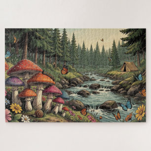 Whimsical Forest Creek mit Pilzen, Schmetterlingen Puzzle