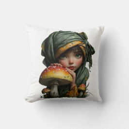 Whimsical Forest Girl with Mushroom Fantasy Art Kissen
