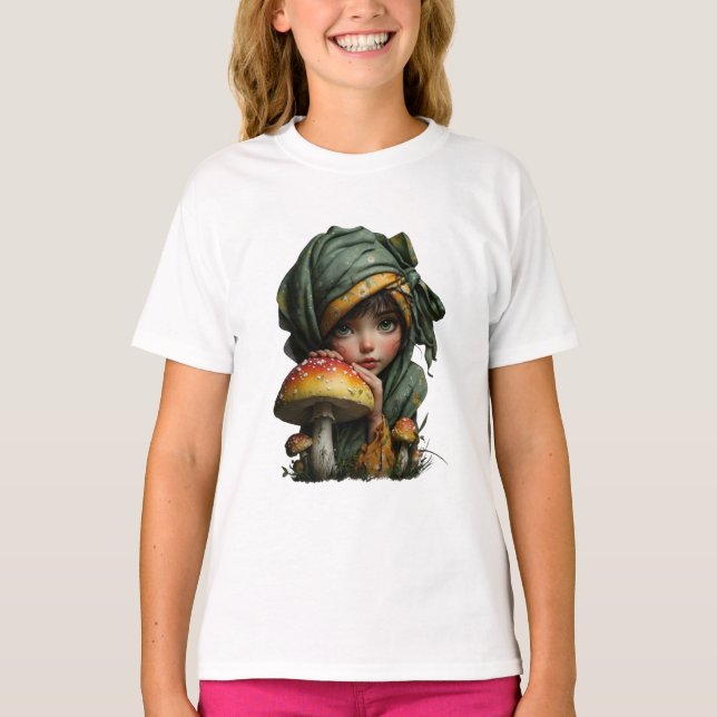 Whimsical Forest Girl with Mushroom Fantasy Art T-Shirt (Vorderseite)