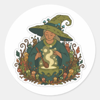 Whimsical Forest Witch | Cozy Magical Brew Runder Aufkleber