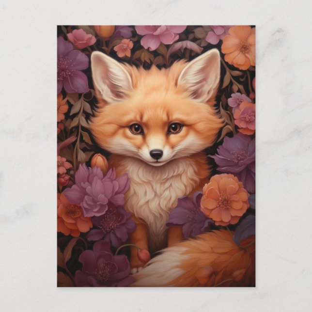 Whimsical Fox auf einem Bett für Fall Blume Postkarte (Vorderseite)