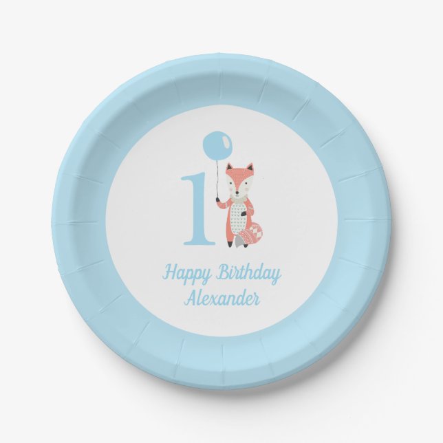 Whimsical Fox & Balloon Blue Happy Birthday 1. Pappteller (Vorderseite)