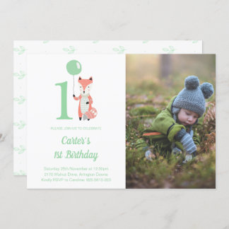 Whimsical Fox & Balloon Green 1. Geburtstag Foto Einladung