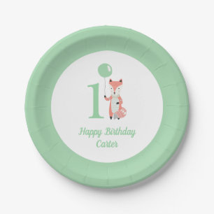 Whimsical Fox & Balloon Green Happy Geburtstag 1. Pappteller
