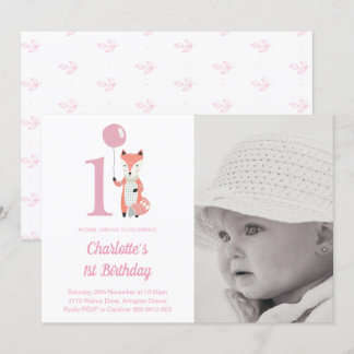 Whimsical Fox & Balloon Pink 1. Geburtstag Foto Einladung