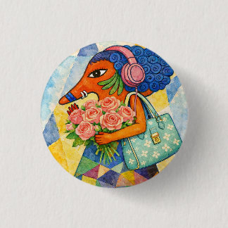Whimsical Fox Mädchen mit Rosen Aquarell-Illustrat Button