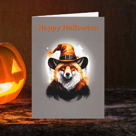 Whimsical Fox Orange Witch Hat Halloween Karte