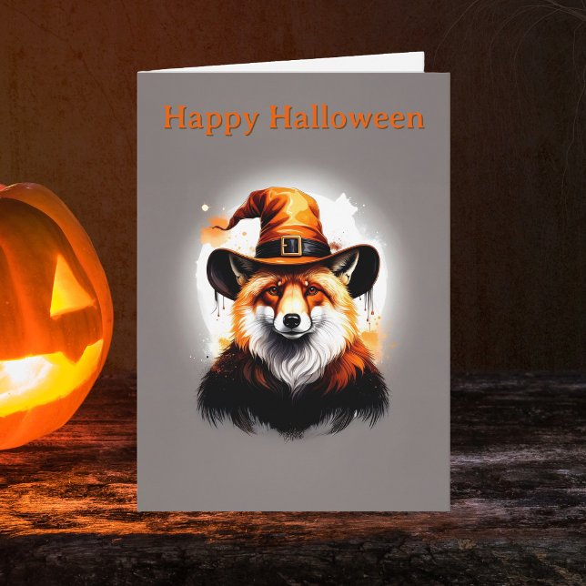 Whimsical Fox Orange Witch Hat Halloween Karte (Happy Halloween Woodland Fox Witchy Hat Greeting Card. Witch Spooky season greetings cards)