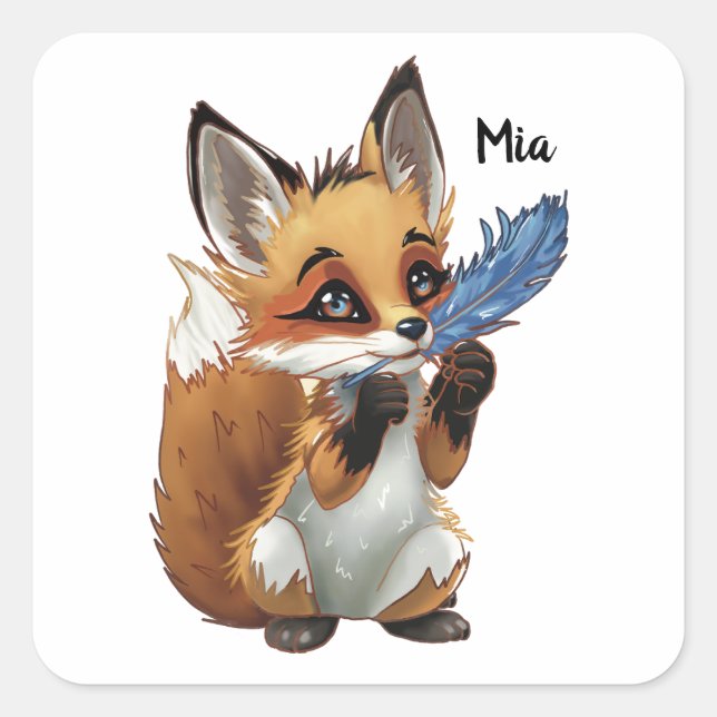 Whimsical Fox with a Feather Quadratischer Aufkleber (Vorderseite)