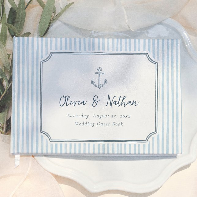 Whimsical Frame Retro Blaue Streifen Hochzeit Gästebuch (Von Creator hochgeladen)