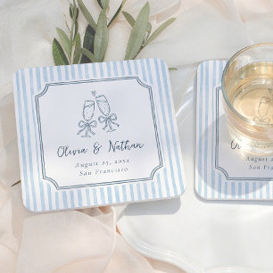 Whimsical Frame Retro Blaue Streifen Hochzeit Rechteckiger Pappuntersetzer