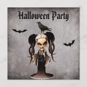 Whimsical Frankie Bride & Crow Damask Halloween Einladung