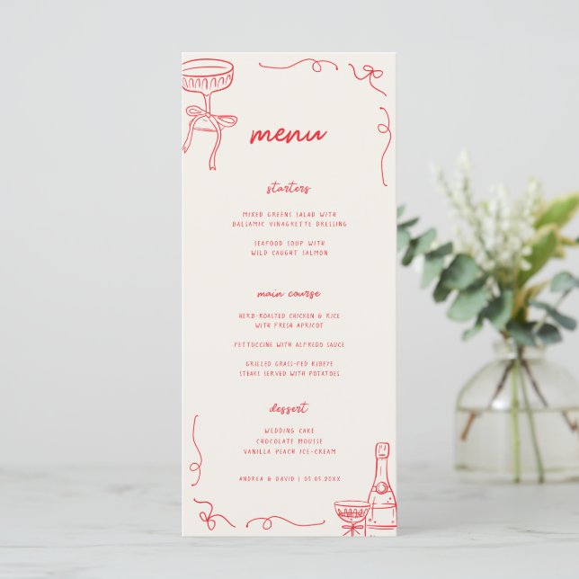 Whimsical Französisch Spaß Engagement Party oder H Menükarte (Stehend Vorderseite)