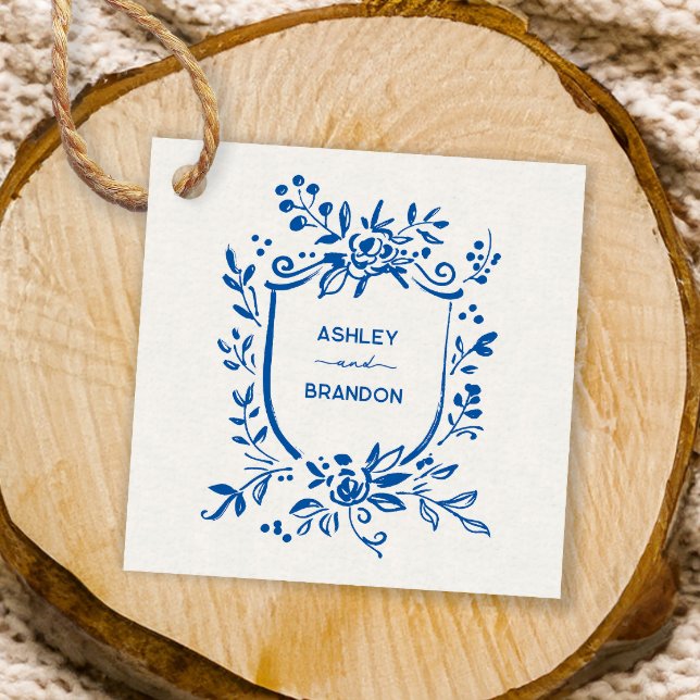 Whimsical French Blue Botanical Crest Wedding Geschenkanhänger (Von Creator hochgeladen)