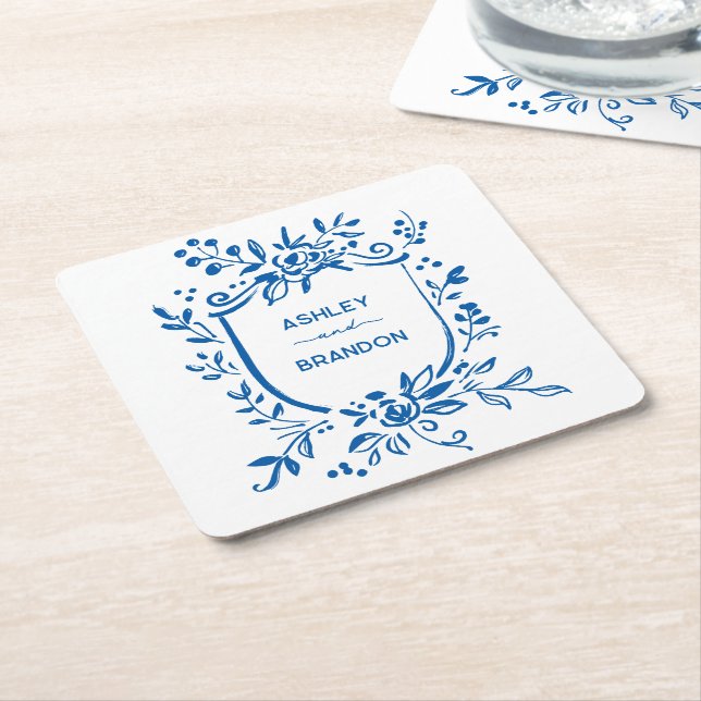Whimsical French Blue Botanical Crest Wedding Rechteckiger Pappuntersetzer (angewinkelt)
