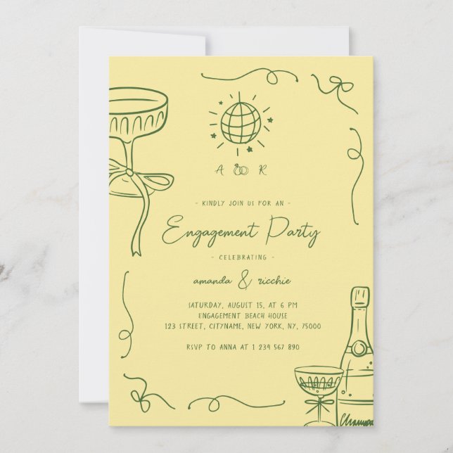 Whimsical French Fun Hand Drawn Engagement Party Einladung (Vorderseite)