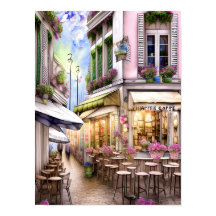 Whimsical French Street Cafe Poster, Aquarellfarbe