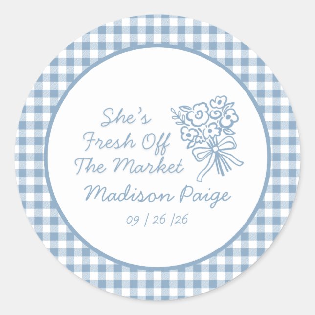 Whimsical Fresh Off The Market Blue Bridal Shower Runder Aufkleber (Vorderseite)