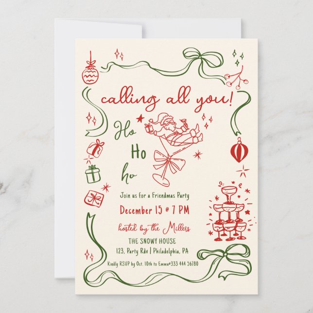 whimsical Friendmas Party Santa Cocktail Ankündigung (Vorderseite)