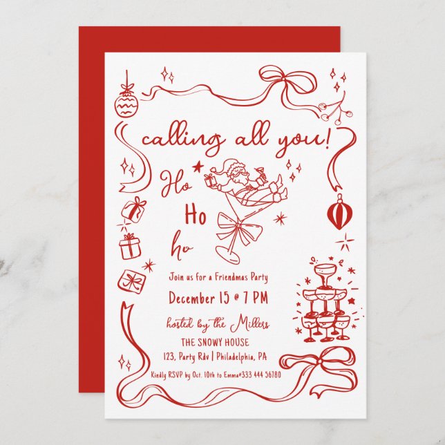 whimsical Friendmas Party Santa Cocktail Ankündigung (Vorne/Hinten)