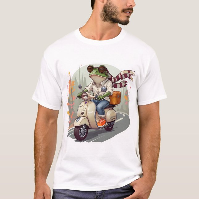 Whimsical Frog on Retro Scooter Art. T-Shirt (Vorderseite)