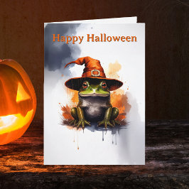 Whimsical Frog Orange Witch Hat Halloween Karte