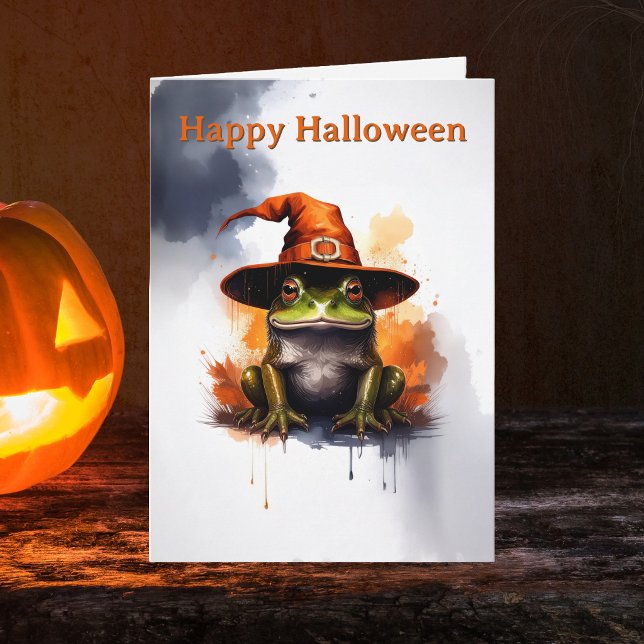Whimsical Frog Orange Witch Hat Halloween Karte (Happy Halloween frog greeting card. Hairy toad spooky season greetings cards)