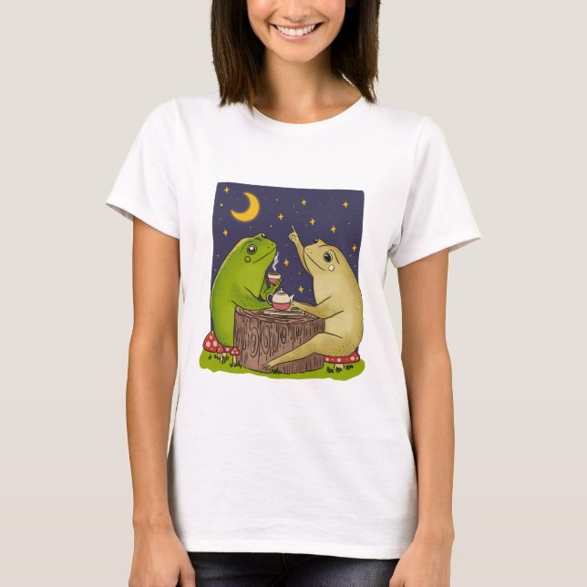 Whimsical Frogs Tea Party At Night Illustration T-Shirt (Vorderseite)