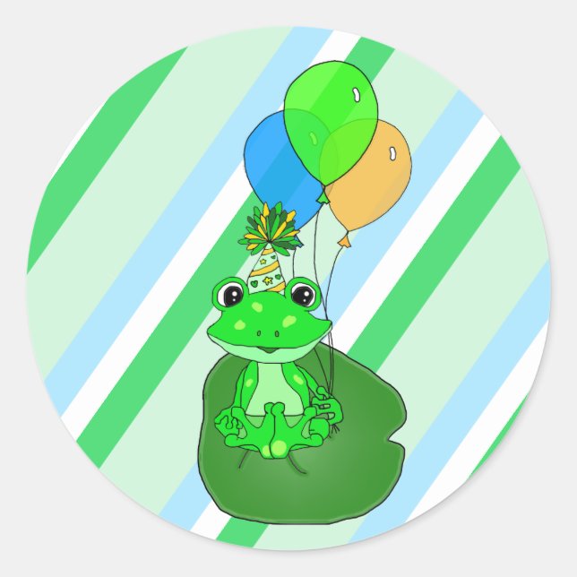Whimsical Frosch auf Lily Pad mit Balloons Geburts Runder Aufkleber (Vorderseite)