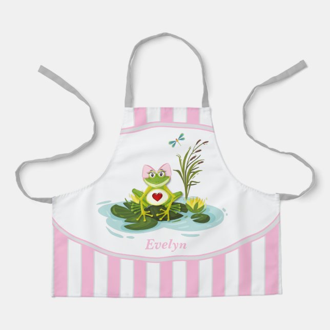 Whimsical Frosch | Rosa Streifen Personalisiertes  Schürze (Vorderseite)