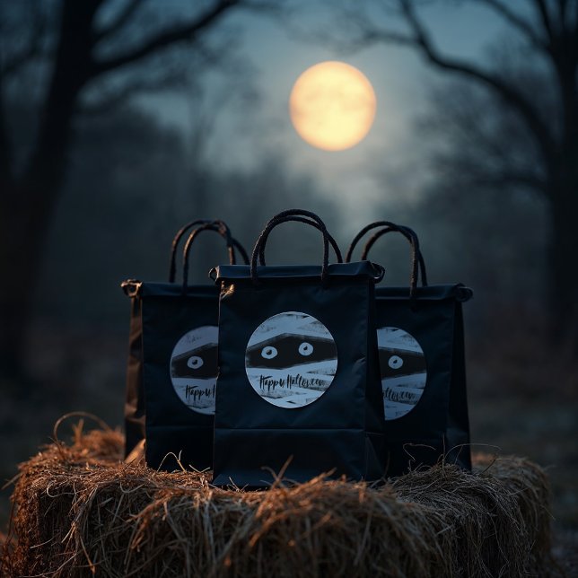 Whimsical Fun Black & White Mummy Happy Halloween Runder Aufkleber (Whimsical Fun Black & White Mummy Happy Halloween Classic Round Sticker)