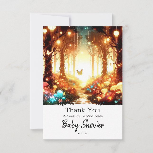 Whimsical Fun Enchanted Forest Baby Shower Dankeskarte (Vorderseite)