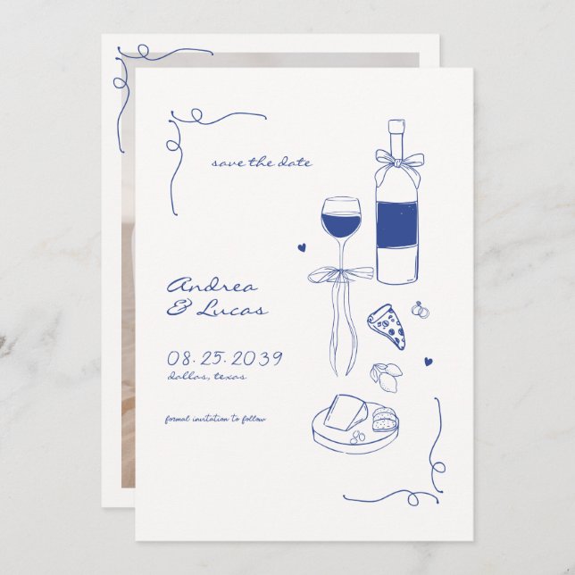 Whimsical Fun Hand Drawn Rahmen Weinpfeifen Hochze Save The Date (Vorne/Hinten)