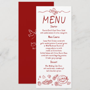 Whimsical-funkile Hochzeitsmenükarte in roter Hand Menükarte