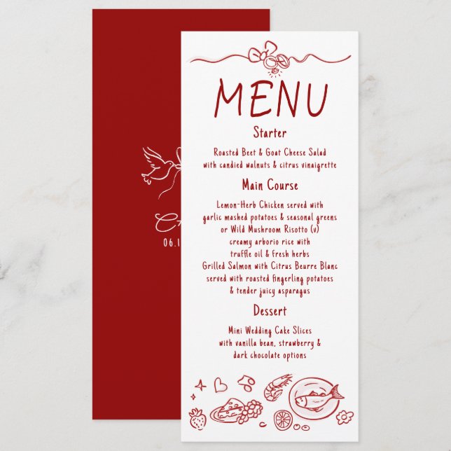 Whimsical-funkile Hochzeitsmenükarte in roter Hand Menükarte (Vorne/Hinten)
