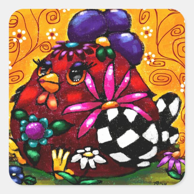 Whimsical Funky Chunky Floral Chicken Colorful Quadratischer Aufkleber (Vorderseite)