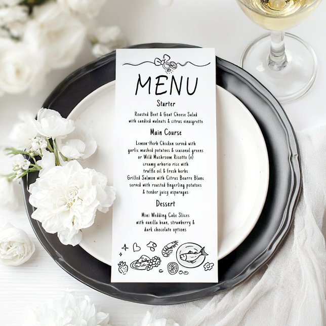 Whimsical Funky Decor Handwritten Wedding Menu Menükarte (Whimsical Hand-drawn Wedding Menu Card)