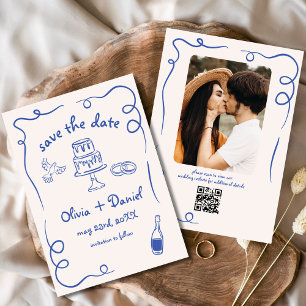 Whimsical Funky Hand Drawn Blue Wedding Foto Save The Date