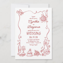 Whimsical Funky Hand Drawn Burgundy Retro Wedding