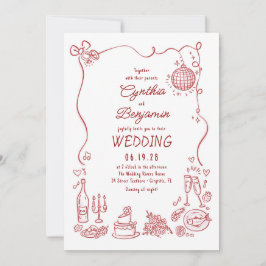Whimsical Funky Hand Drawn Burgundy Retro Wedding Einladung