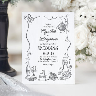 Whimsical Funky Hand Drawn Doodles Retro Hochzeit Einladung