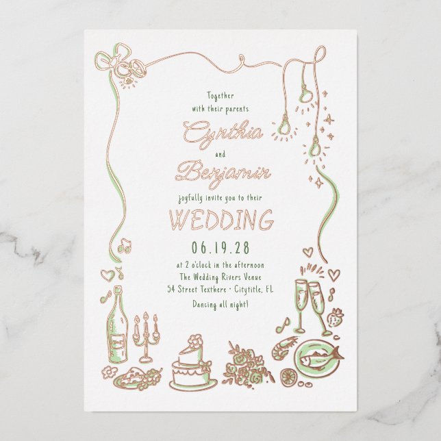 Whimsical Funky Hand Drawn Doodles Wedding Folieneinladung (Vorderseite)