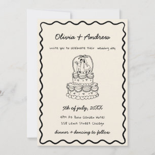 Whimsical Funky Hand Drawn Foto Cake Wedding Einladung