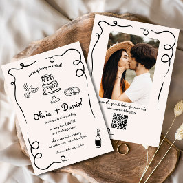 Whimsical Funky Hand Drawn Foto QR Code Wedding Einladung