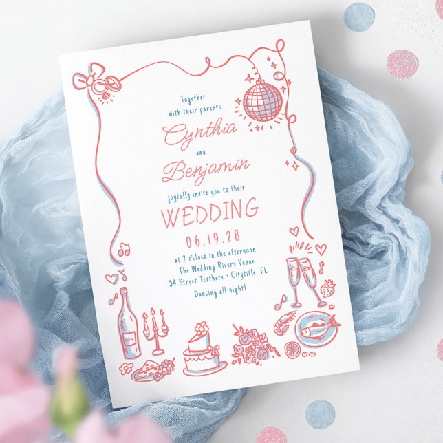 Whimsical Funky Hand Drawn Pink Blue Wedding Einladung (Dusty Blue and Pink Whimsical Quirky Retro Wedding Invitation)