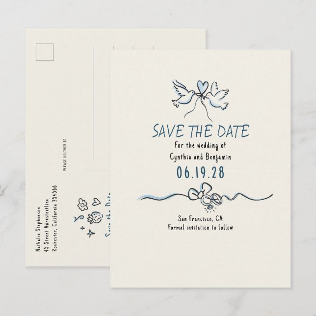 Whimsical Funky Hand Drawn Save The Date Ankündigungspostkarte (Vorne/Hinten)